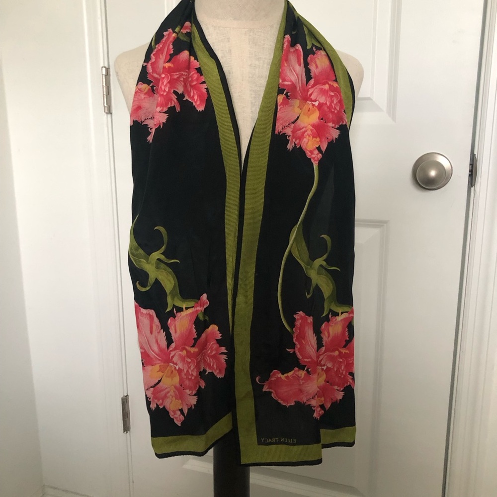 Ellen Tracy Silk Black and Green Floral Scarf